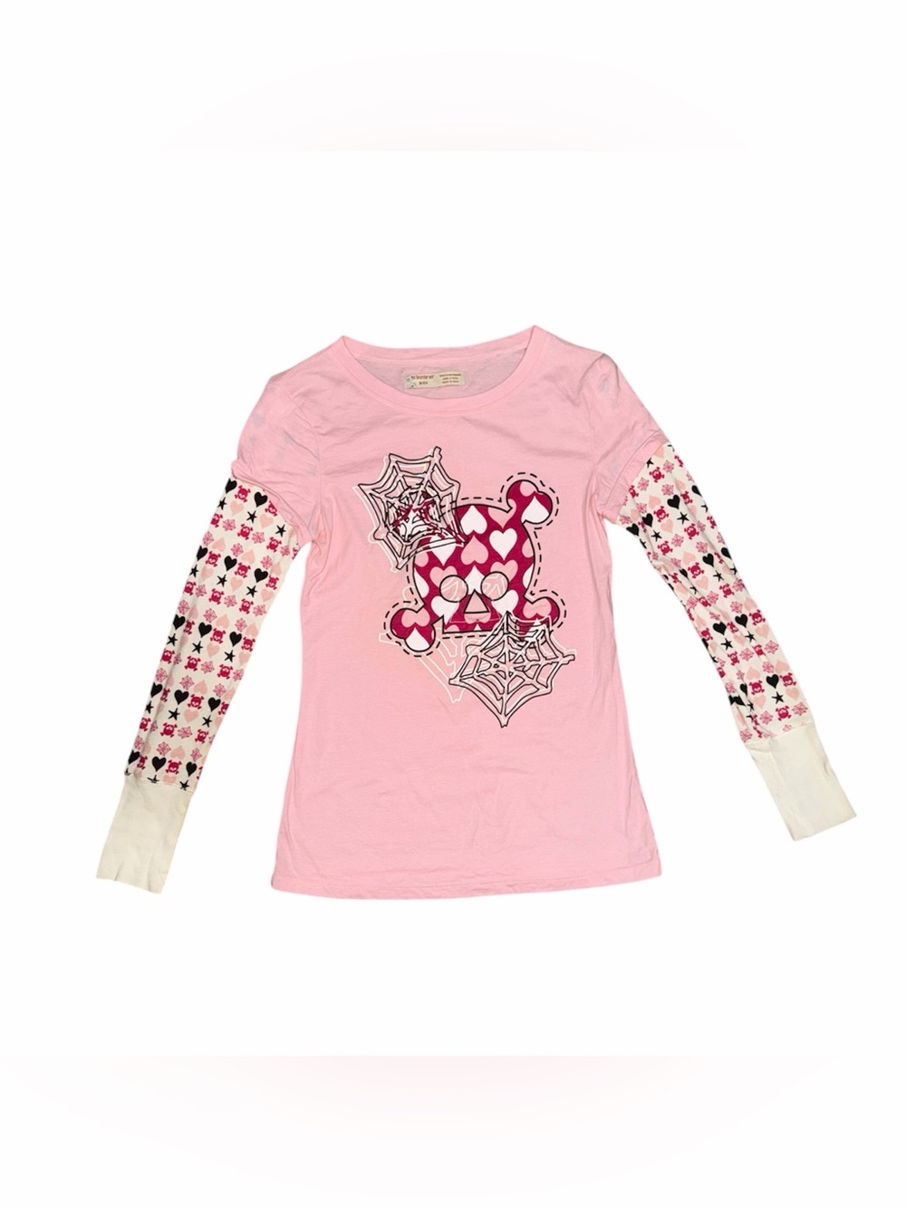 Girls Pink Long Sleeve T-Shirt with Skull and Spiderweb Graphic